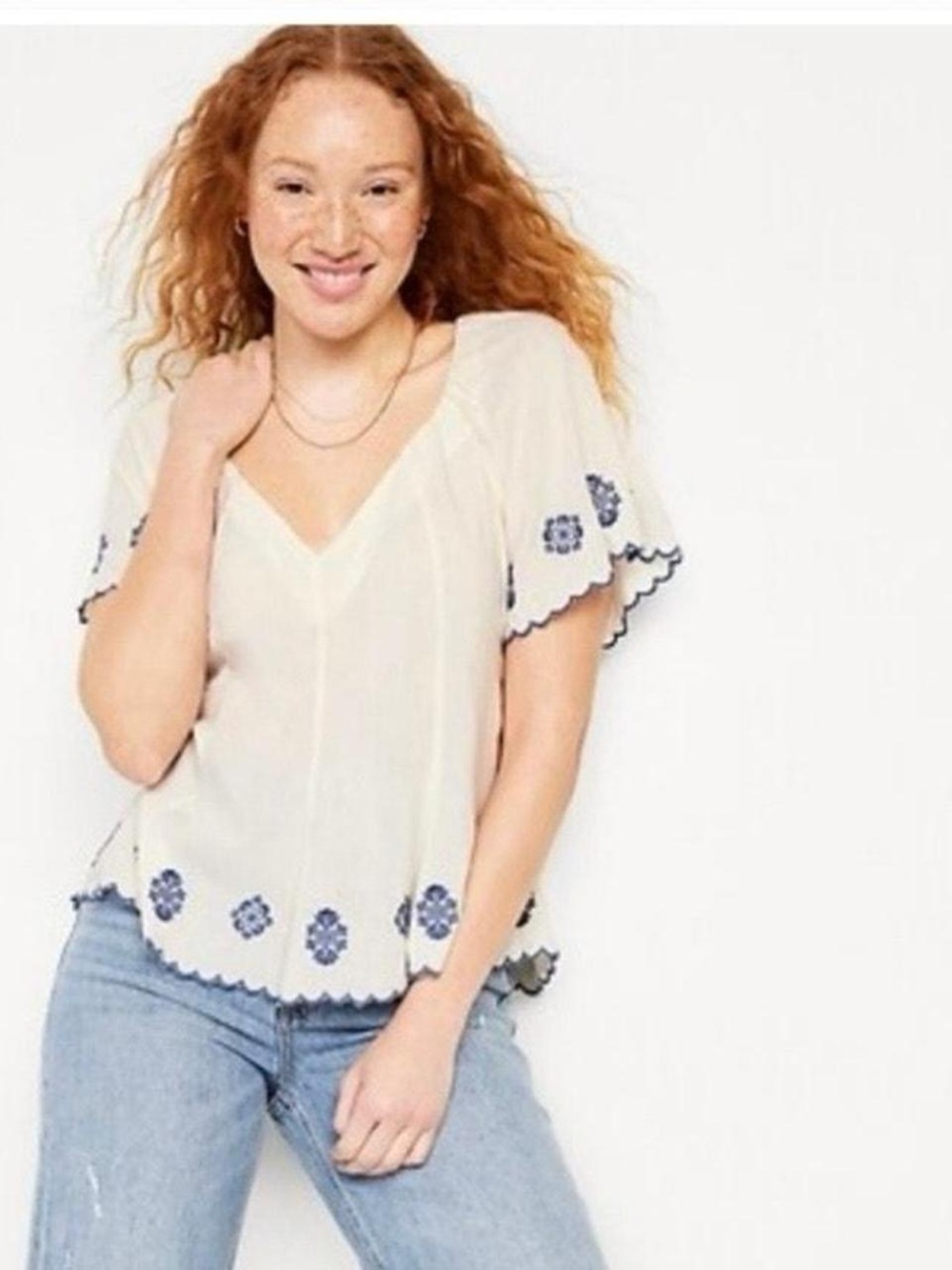 Old Navy Cream Blouse with Navy Floral Embroidery